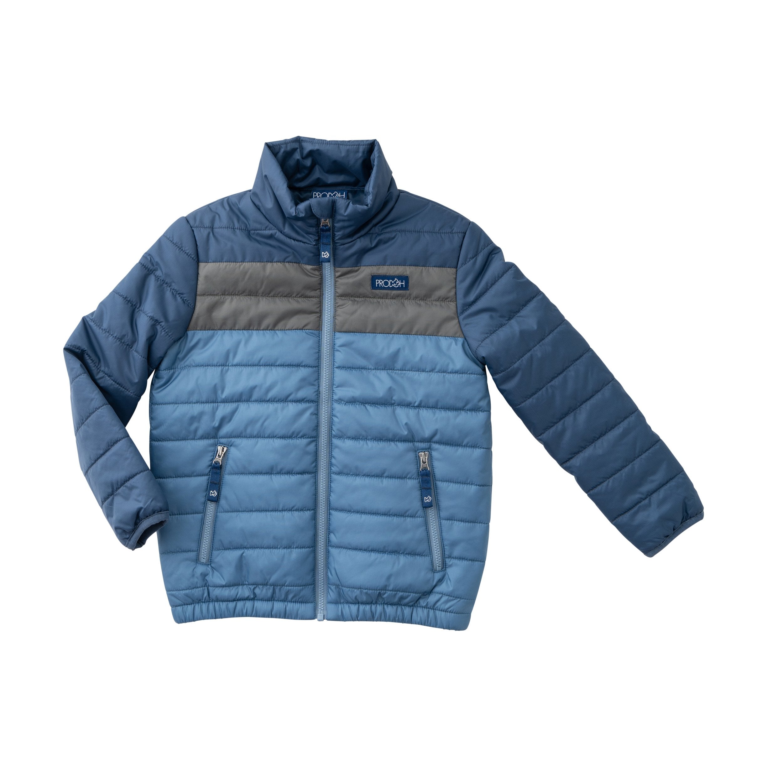 boys colorblock puffer jacket in dark denim blue by prodoh
