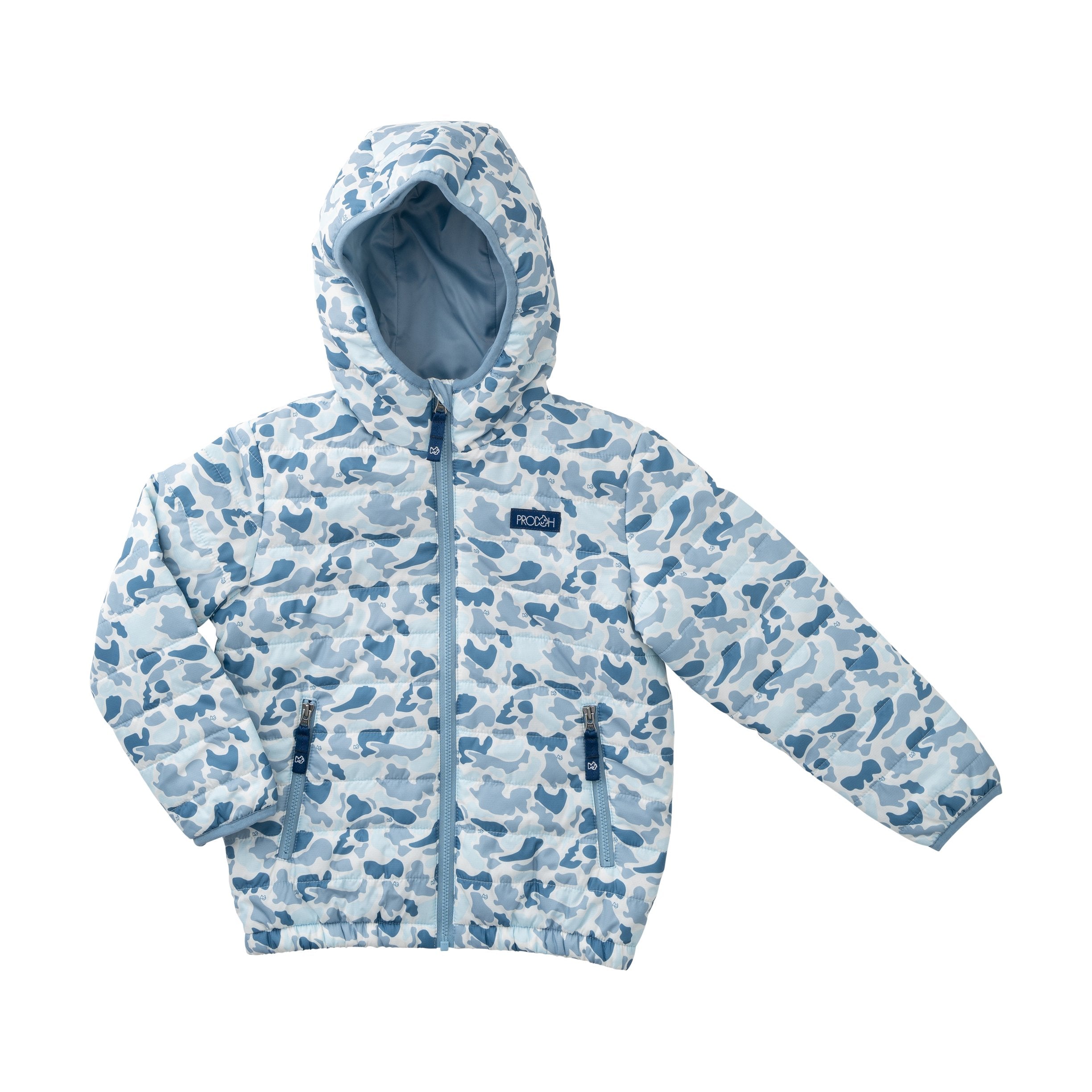 boys blue break point camo hooded puffer jacket with zippered pockets