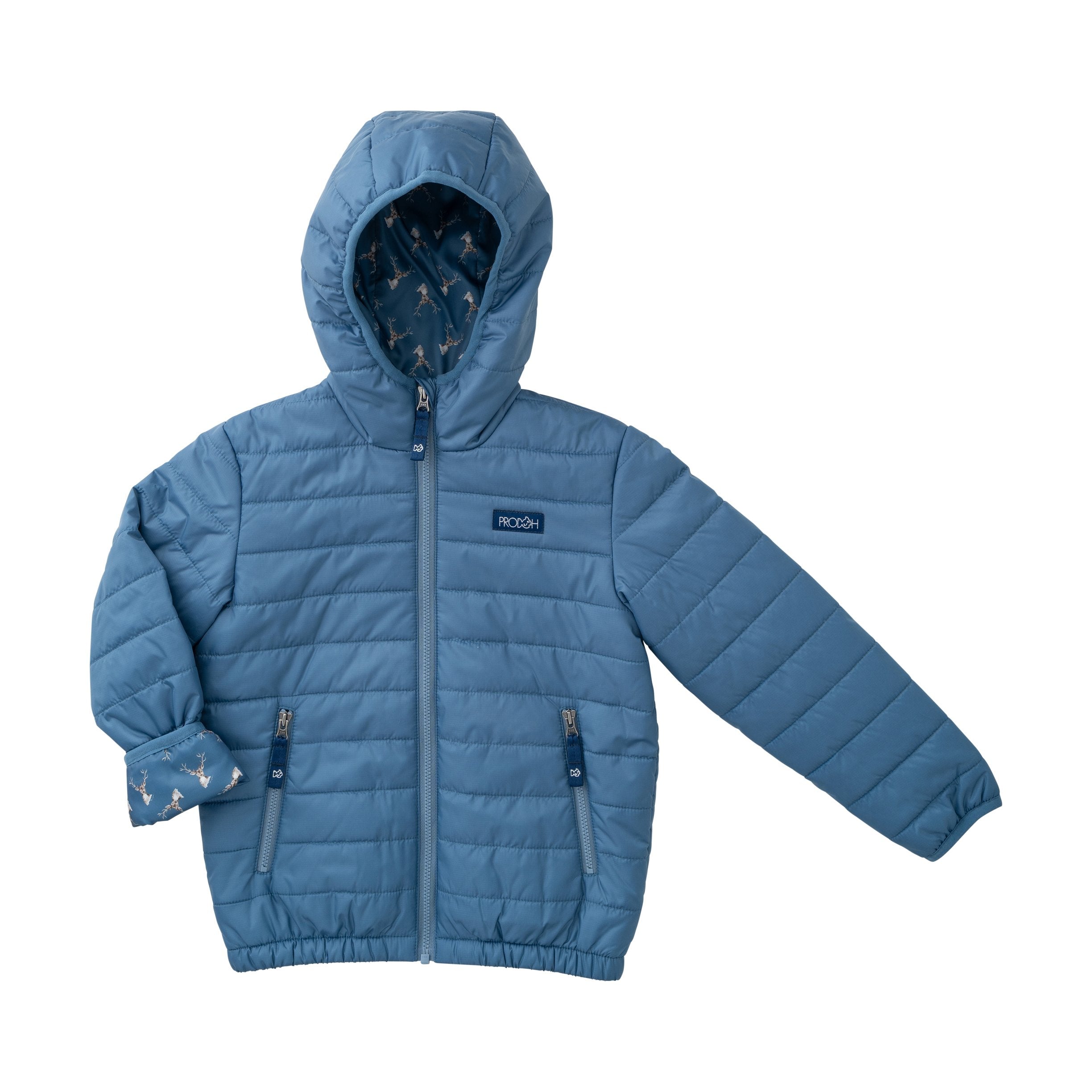boys faded blue hooded puffer jacket with deer head print lining