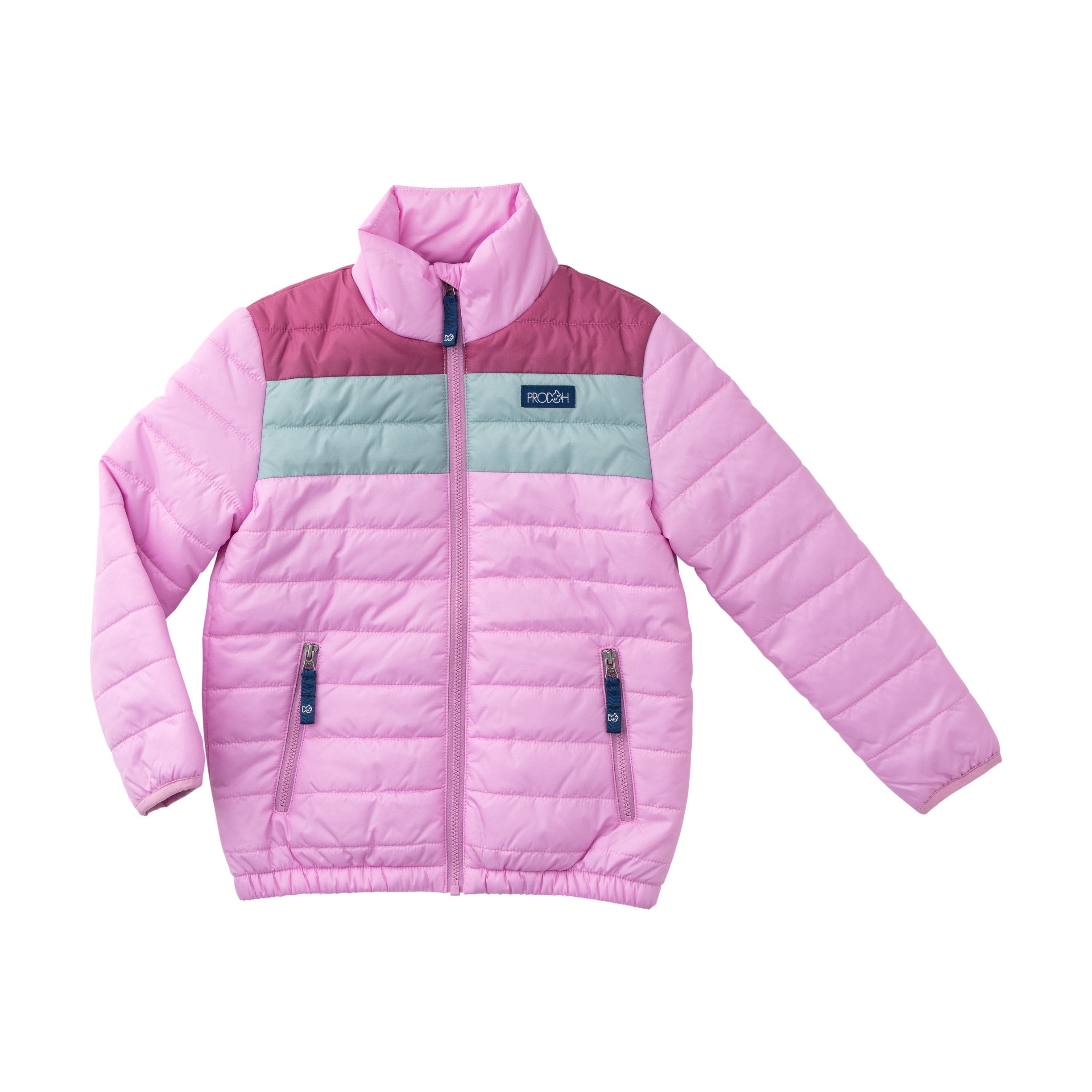 girls orchid purple puffer jacket with colorblock mint and raspberry