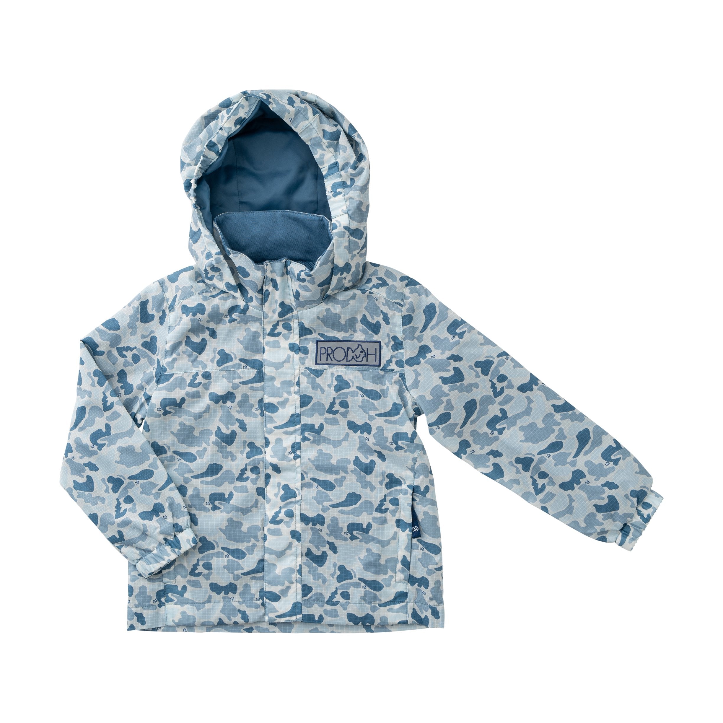 Boys reflective rain jacket in blue camo with hood by PRODOH