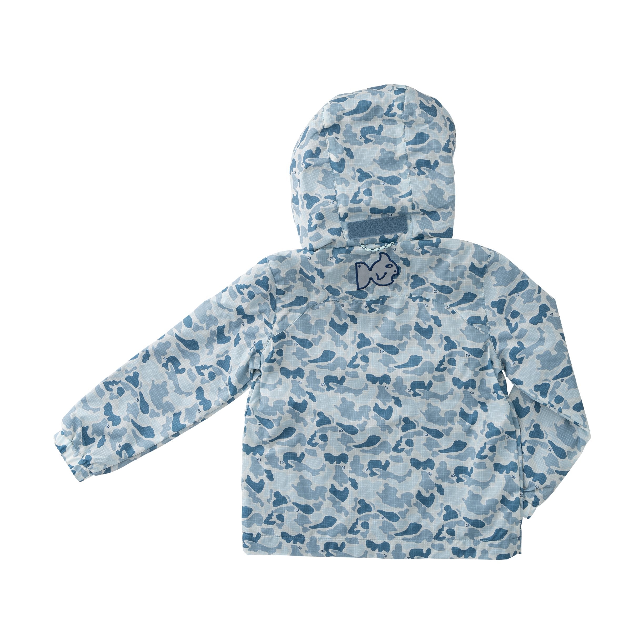 Waterproof blue gray camo rain jacket for boys with reflective accents