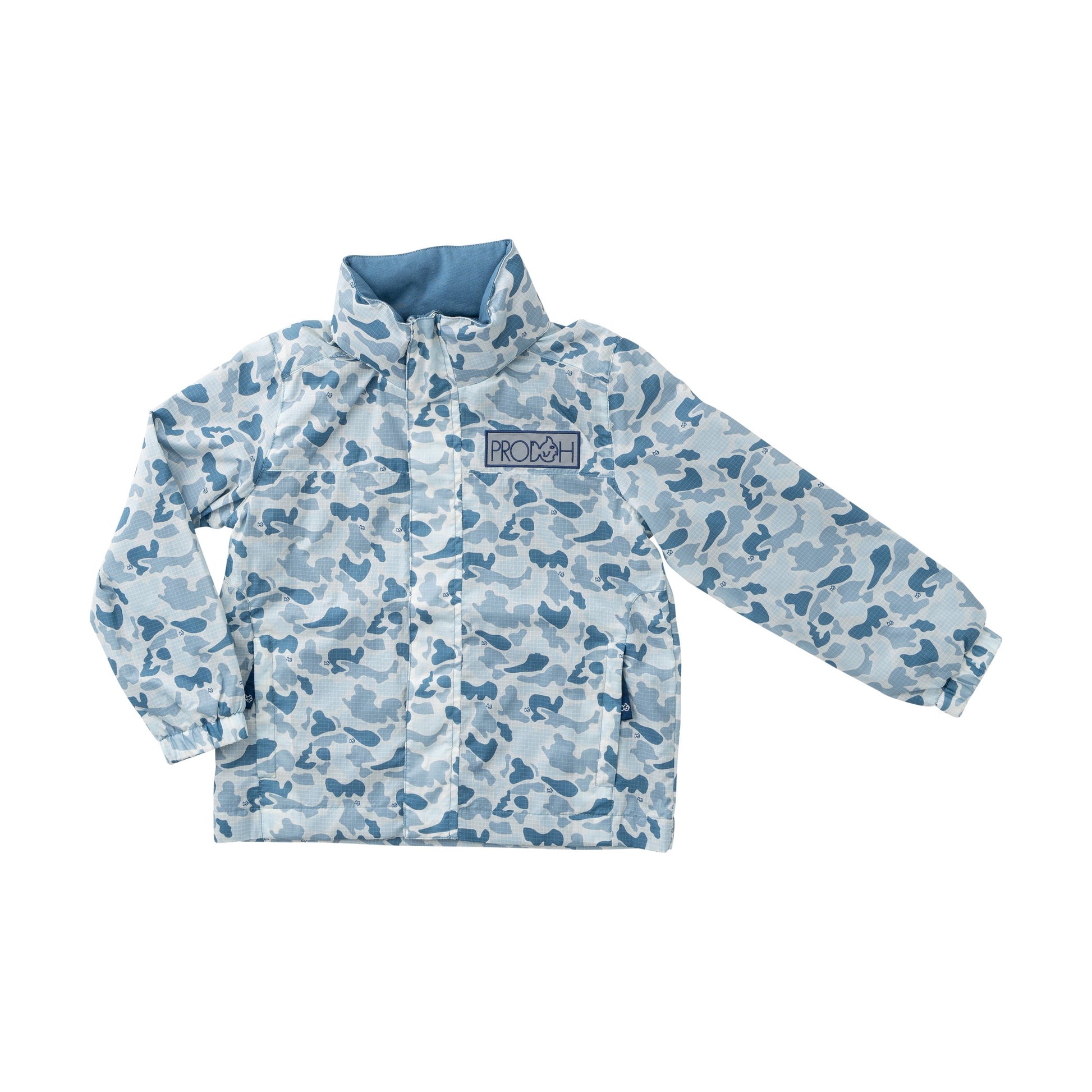 Kids blue camouflage rain jacket with safety reflectors