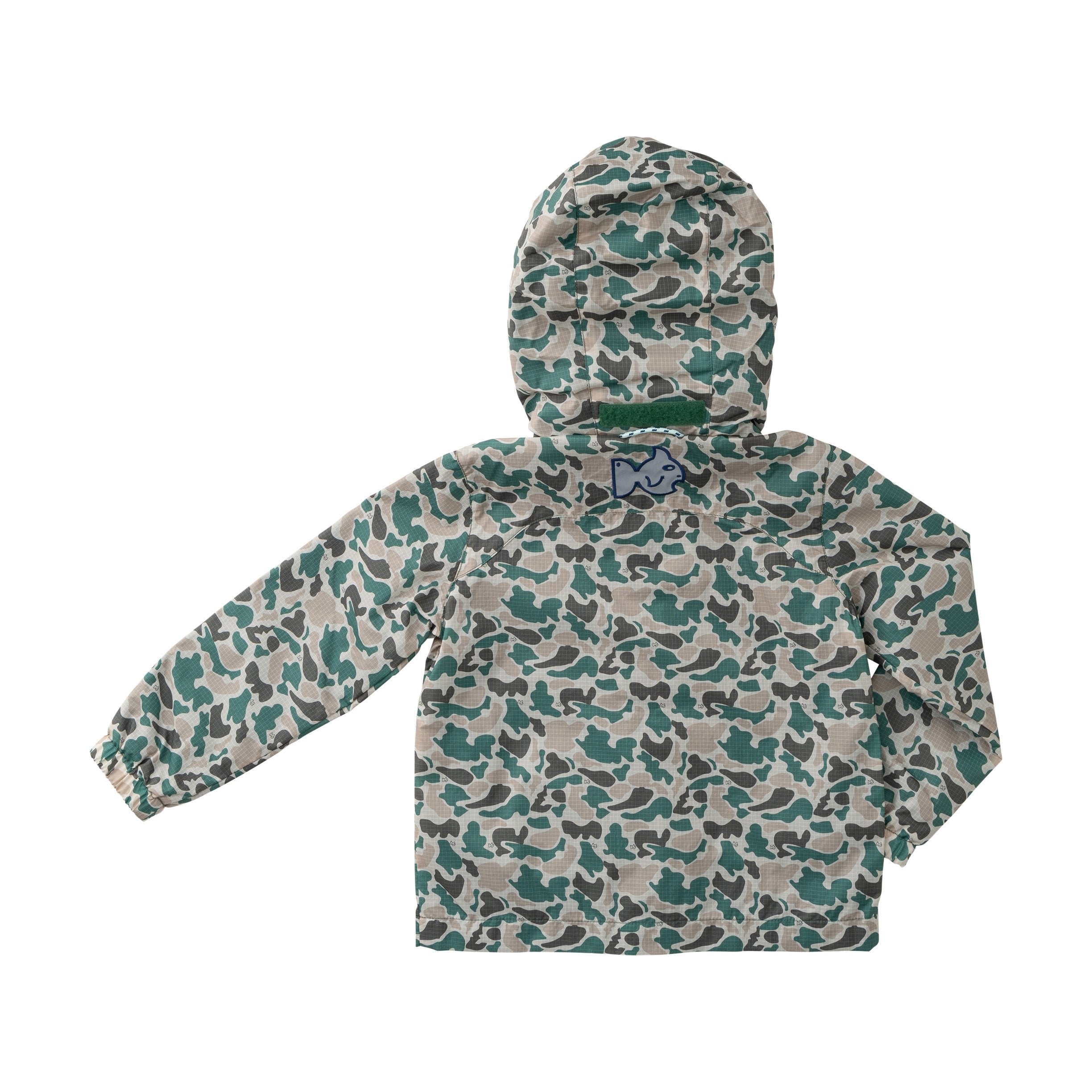 young boys' waterproof rain jacket in camo print with reflective safety details