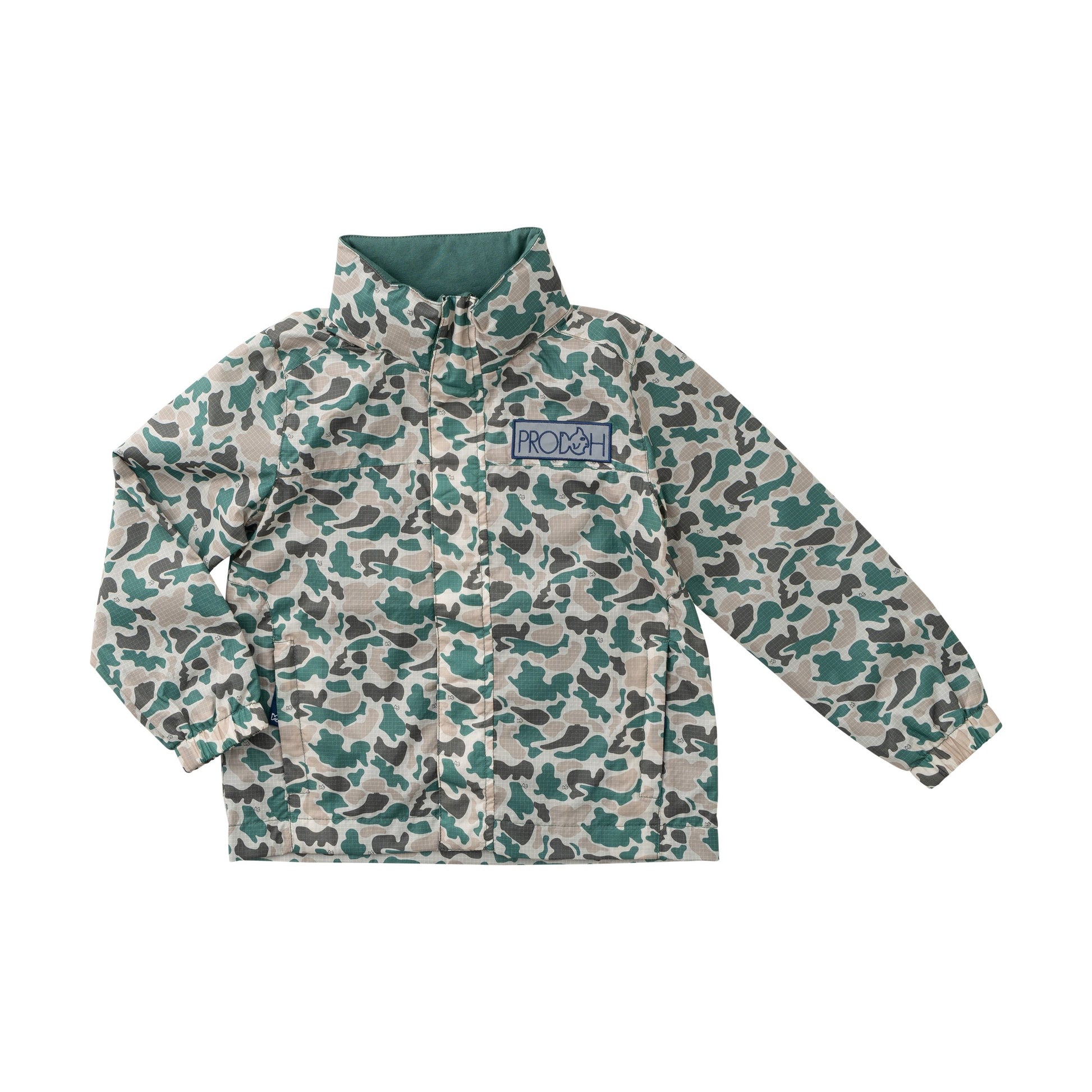 boys raincoat in neutral camouflage, available in sizes 12M to L12/14