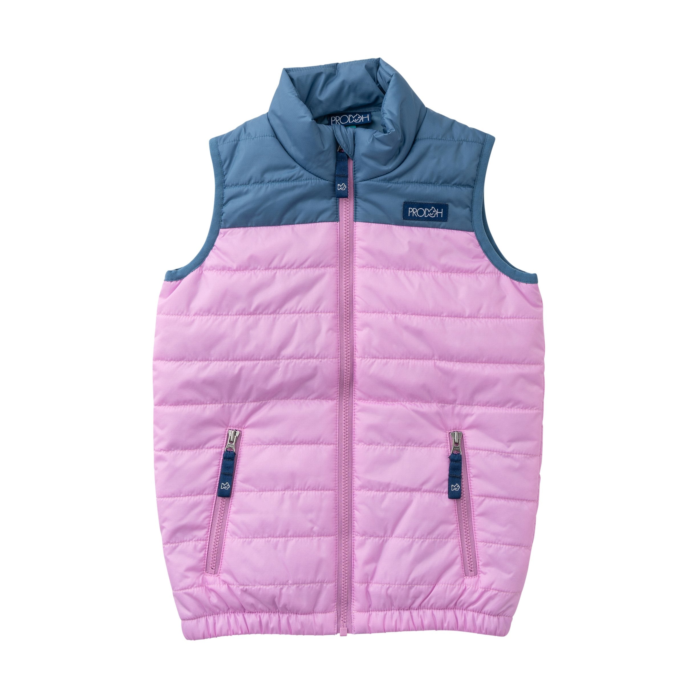 girls colorblock puffer vest in orchid purple and faded blue