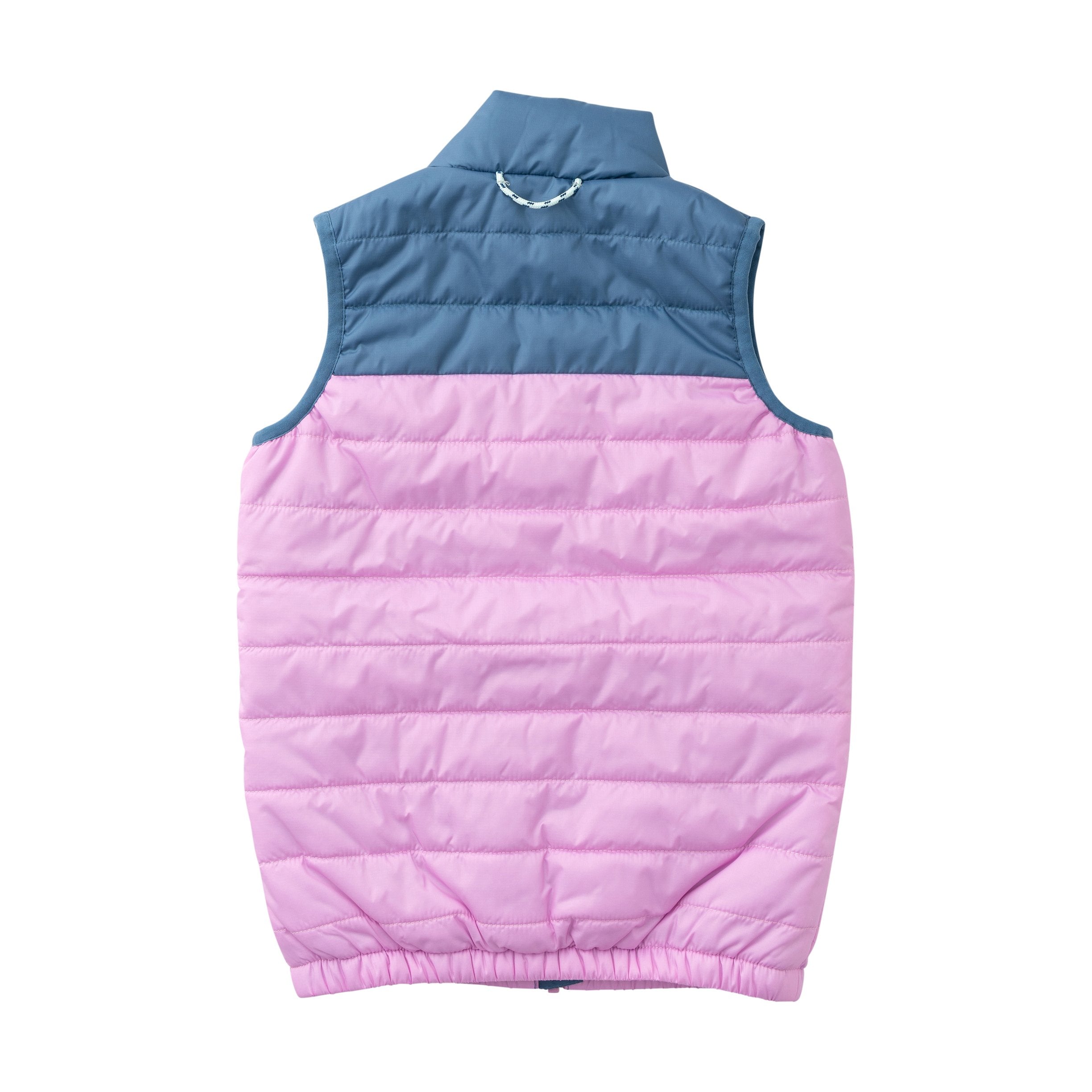 purple color block puffer vests back view