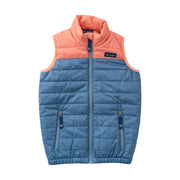 boys colorblock puffer vest in faded blue and crabapple orange