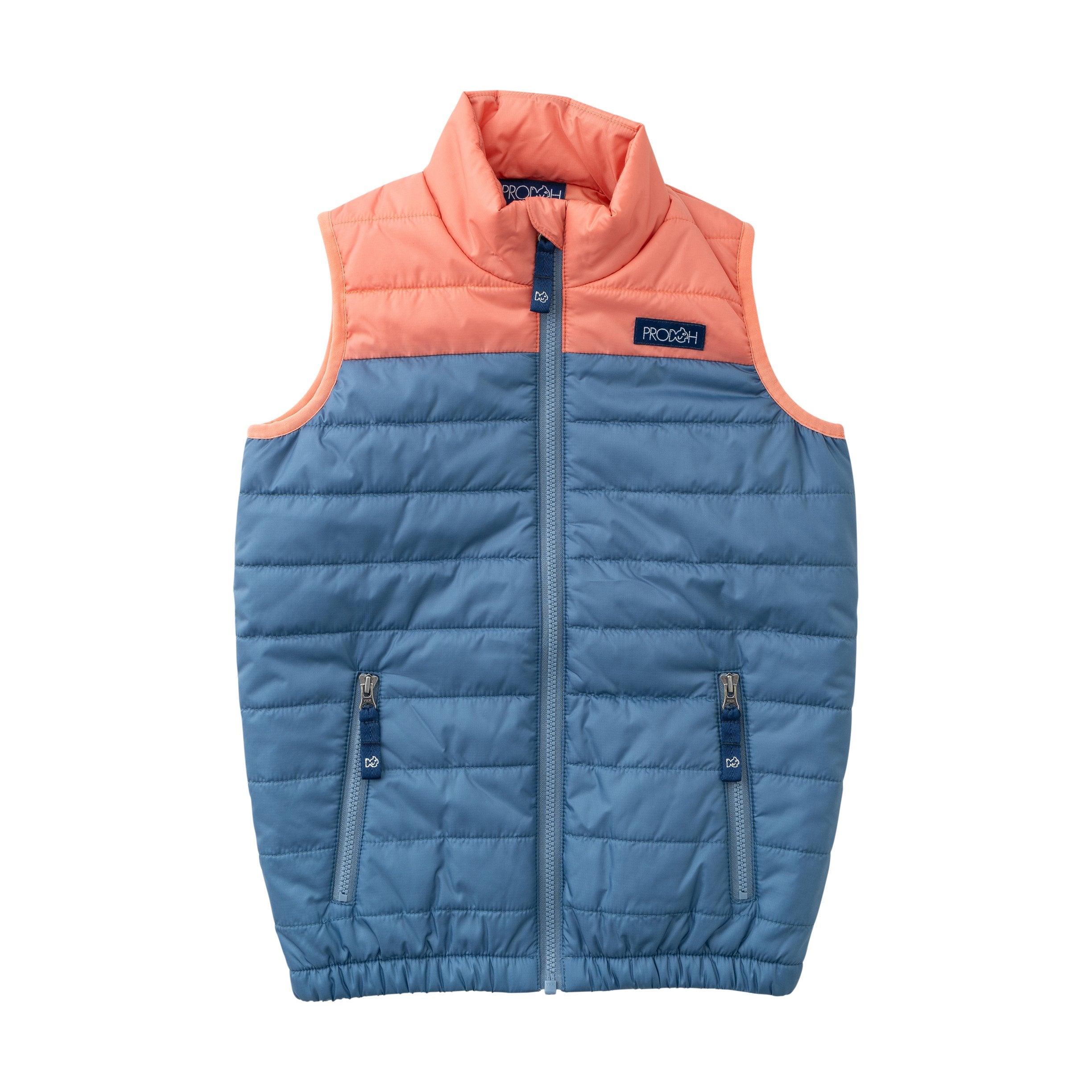 boys colorblock puffer vest in faded blue and crabapple orange