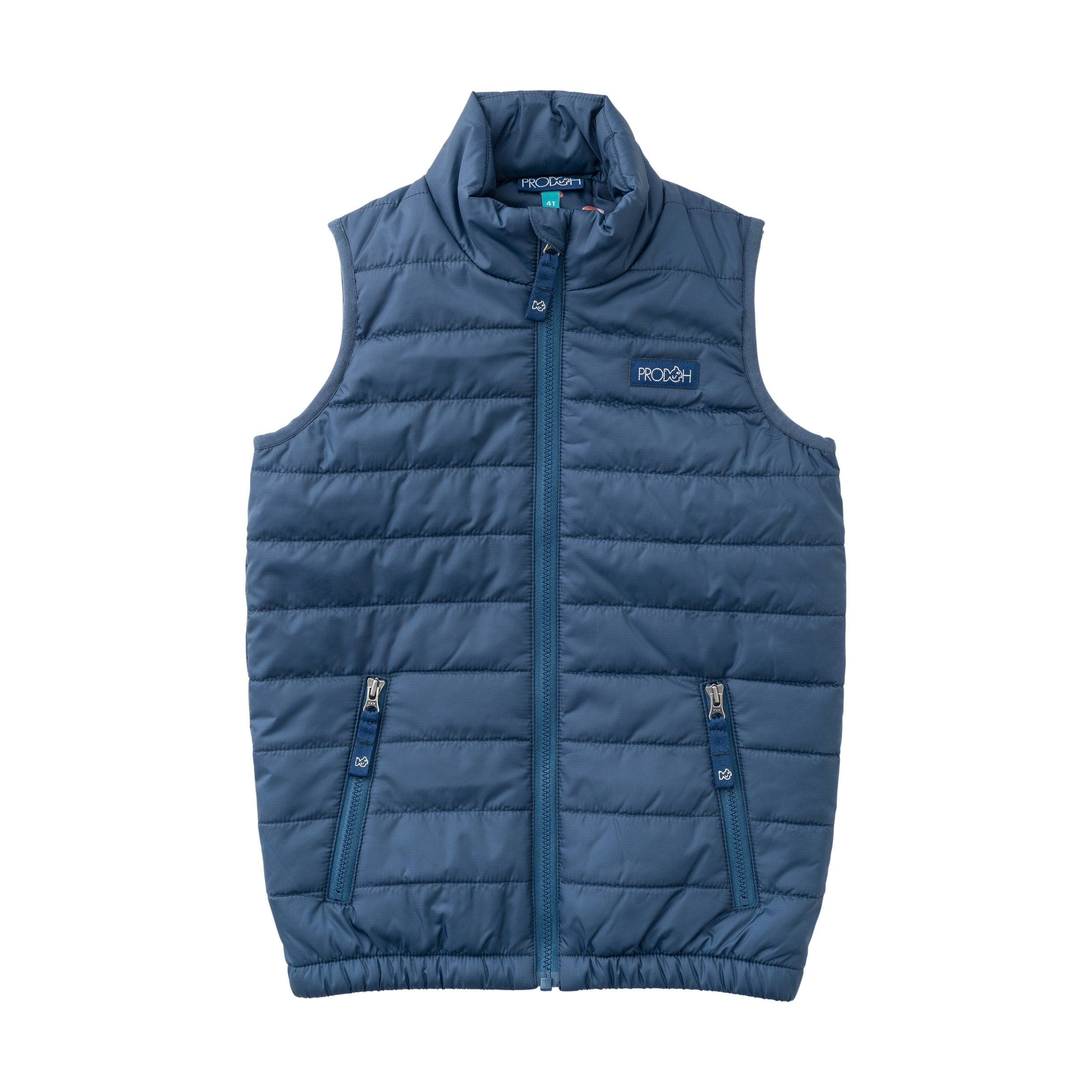 boys puffer vest in dark denim blue with football print liner