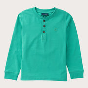 A holly green long-sleeve henley shirt with three dark button crew collar