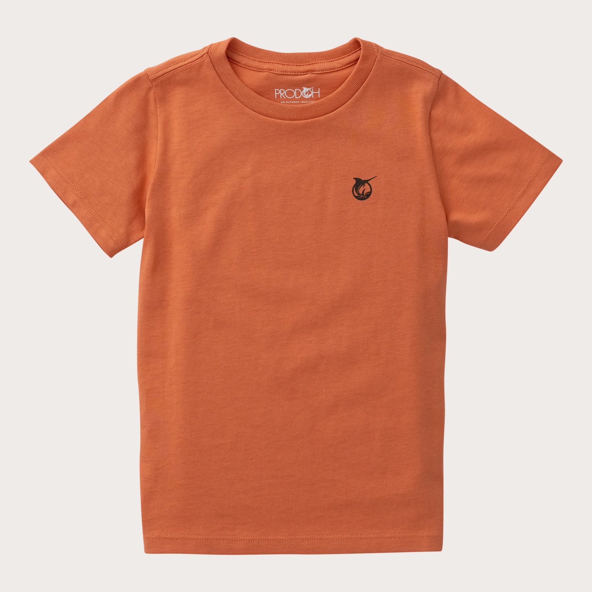 A short-sleeve crewneck t-shirt in a washed terracotta orange color, featuring the new PRODOH logo icon on the left chest