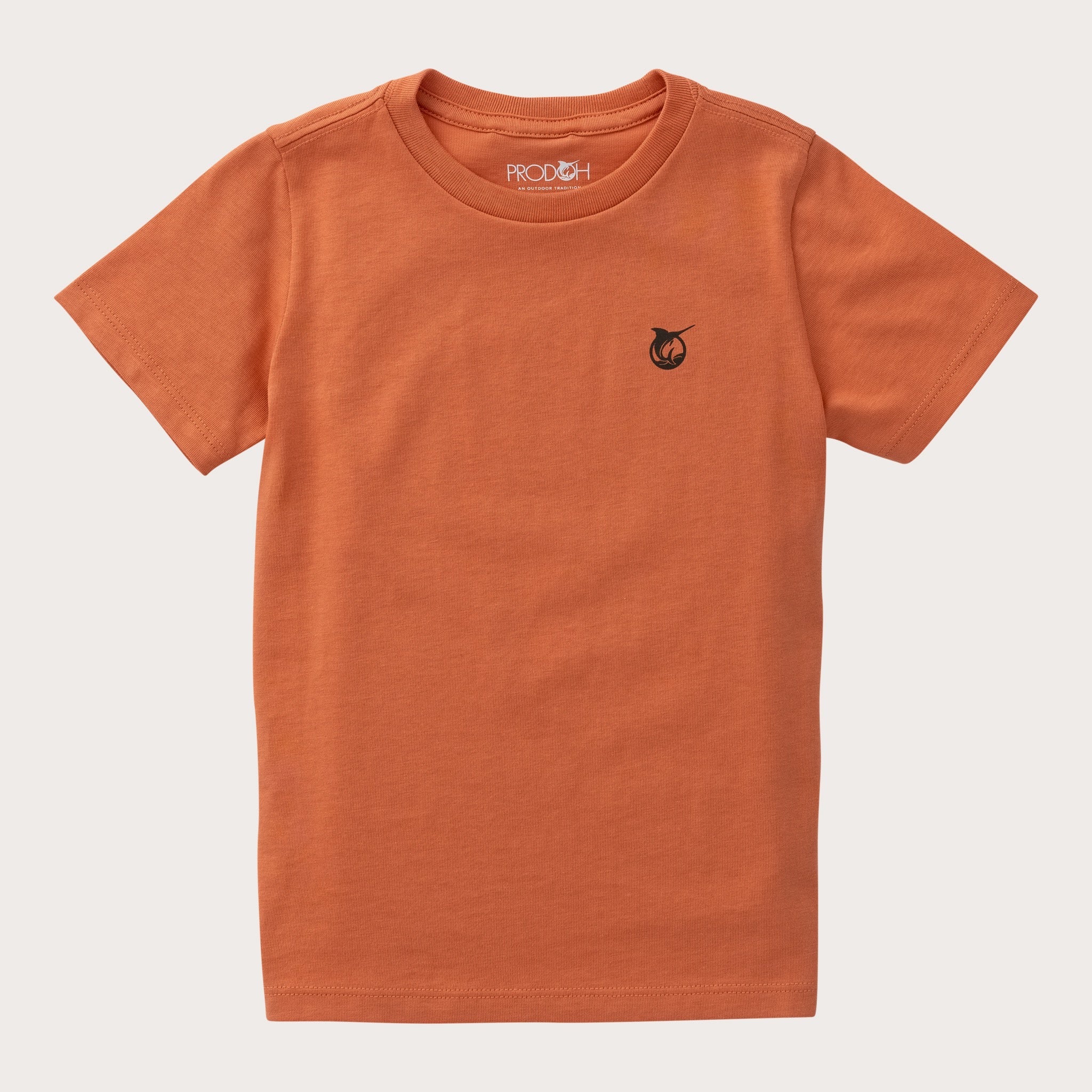 A short-sleeve crewneck t-shirt in a washed terracotta orange color, featuring the new PRODOH logo icon on the left chest