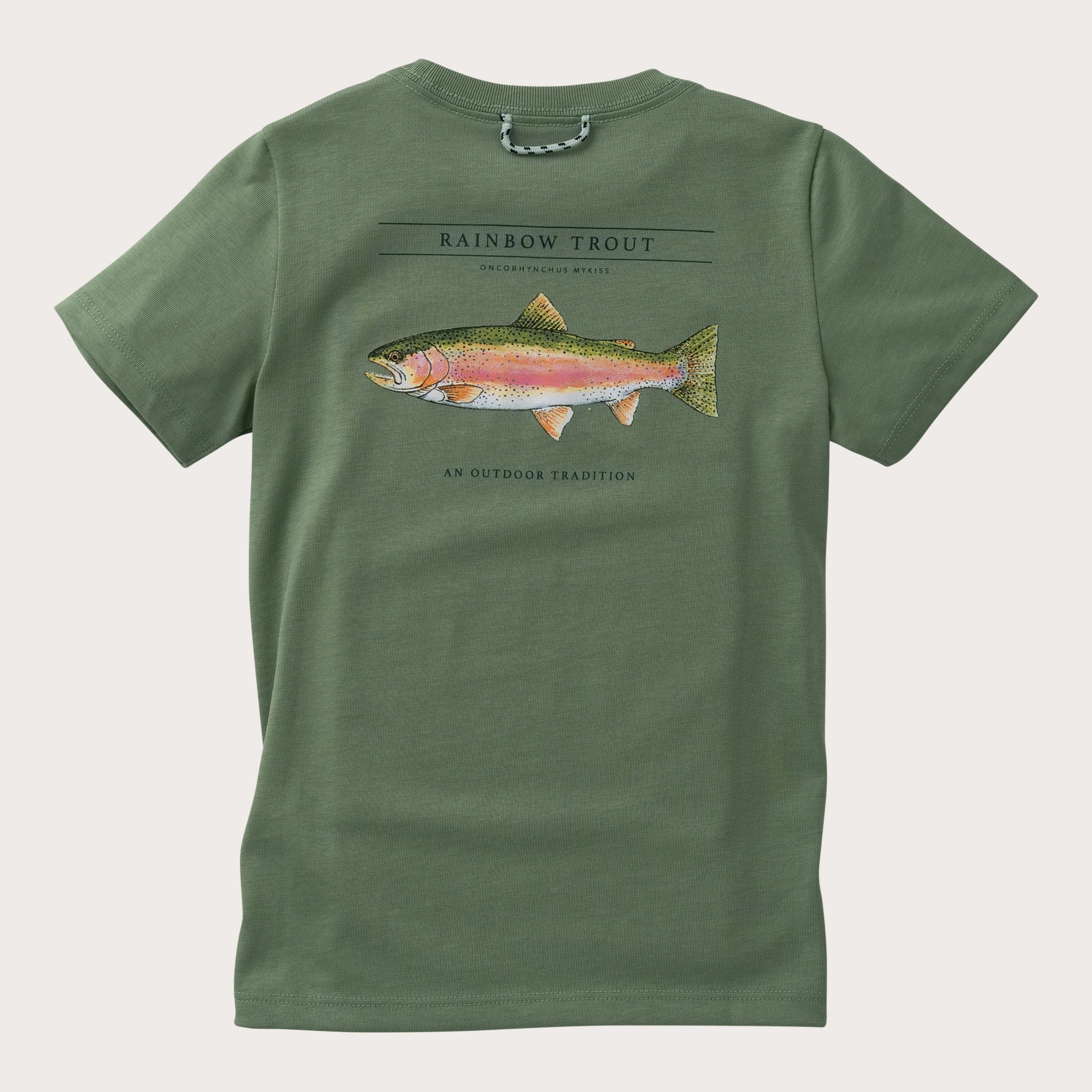 Boys' Short Sleeve Cotton T-shirt in Hedge Green with Rainbow Trout Fish