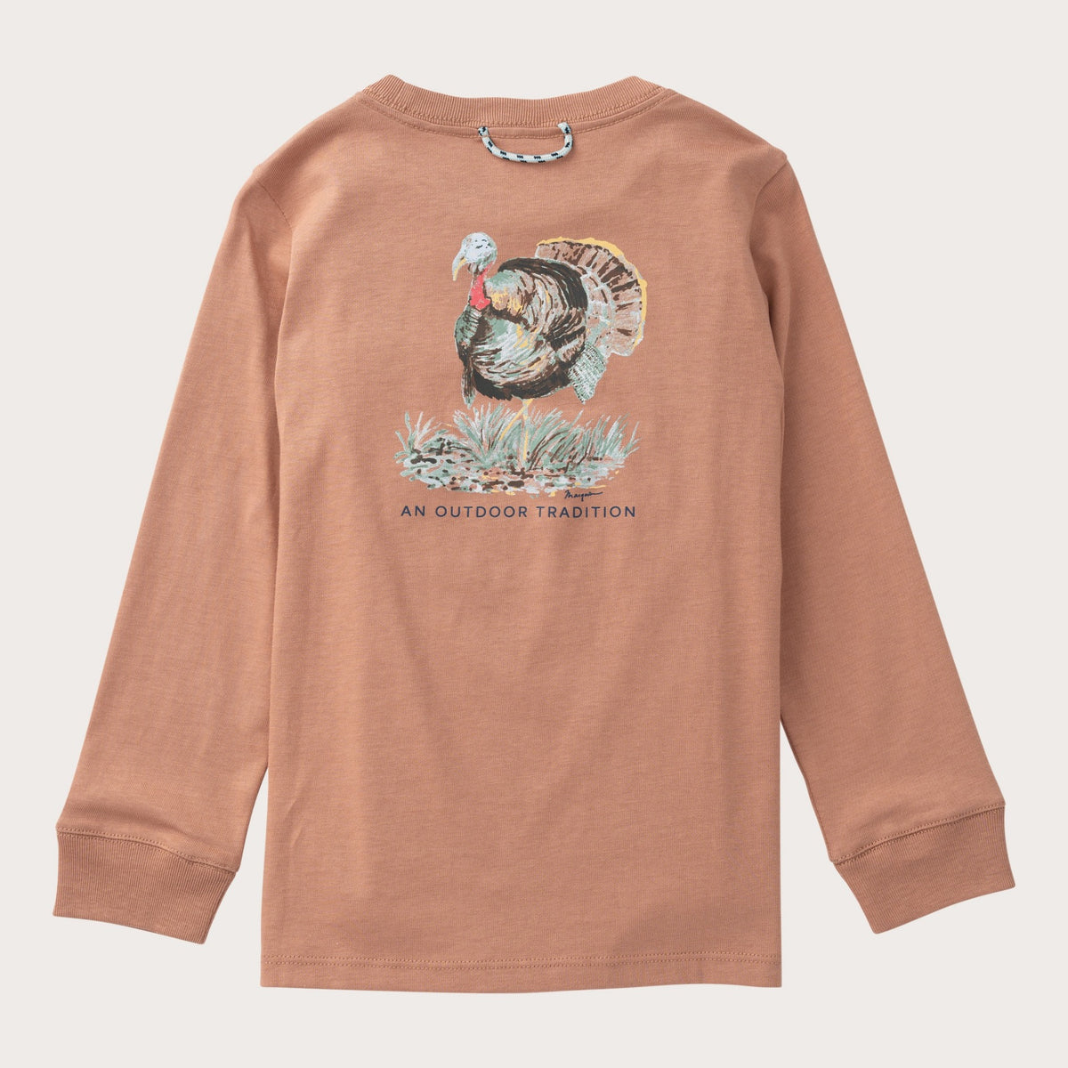 kids' brown long-sleeve shirt with a turkey graphic on a light gray background