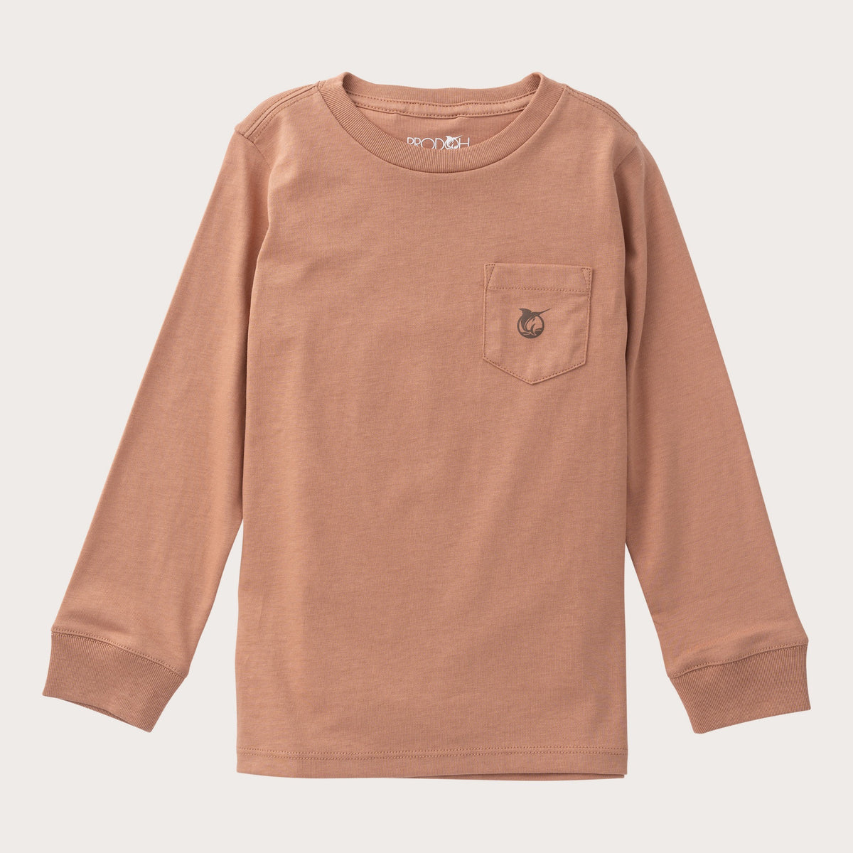 Brown long-sleeve shirt with a pocket on a light beige background