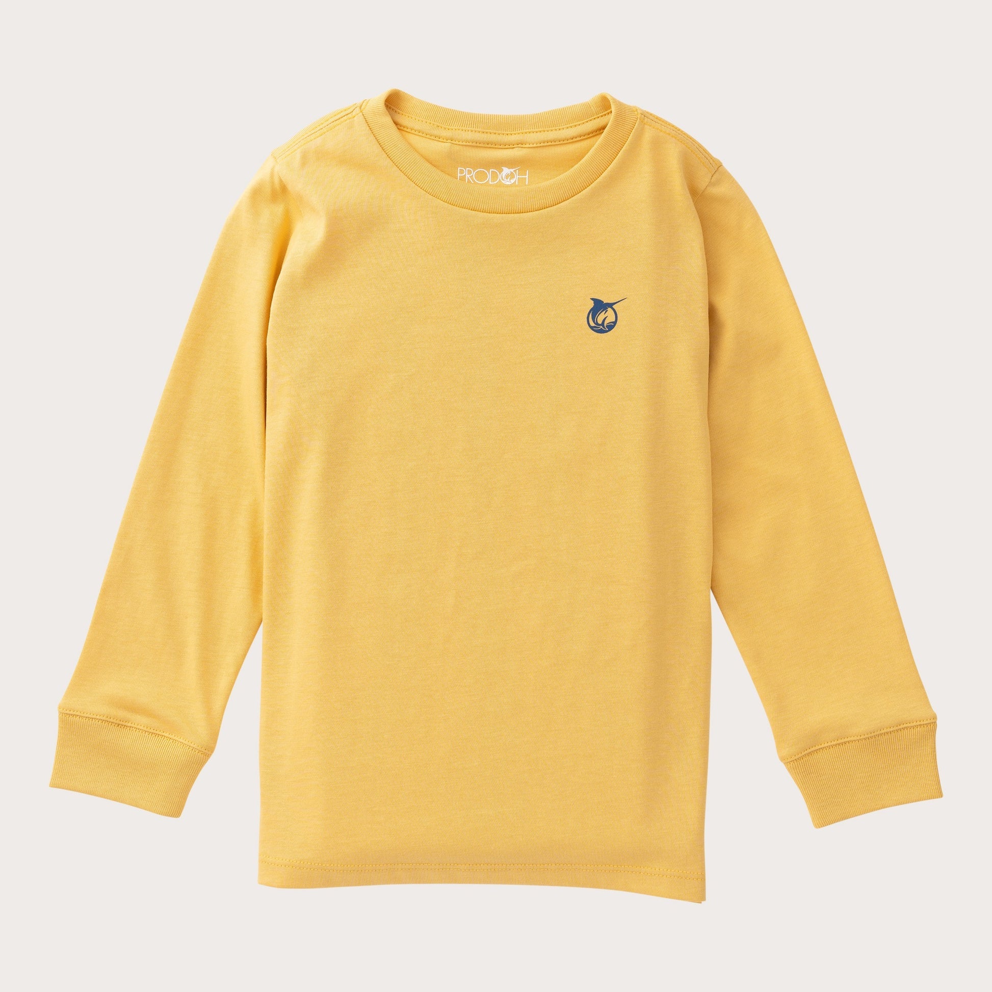 A yellow long-sleeve crewneck sweatshirt featuring the new prodoh small navy blue logo on the left chest