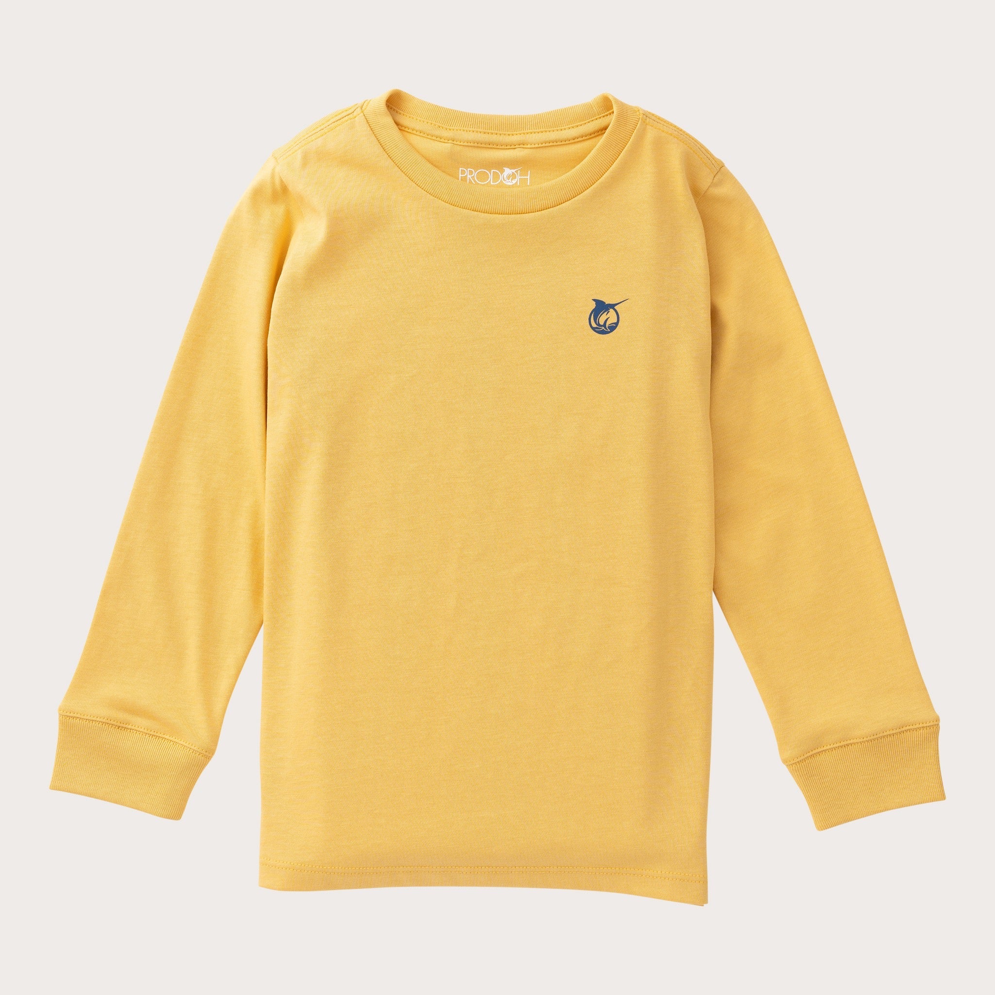 A yellow long-sleeve crewneck sweatshirt featuring the new prodoh small navy blue logo on the left chest
