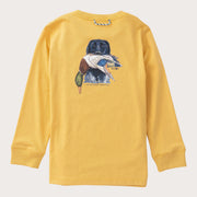 A yellow long-sleeve crewneck sweatshirt featuring a central graphic of a black Labrador retriever holding a duck in its mouth, with 'AN OUTDOOR TRADITION' printed below.