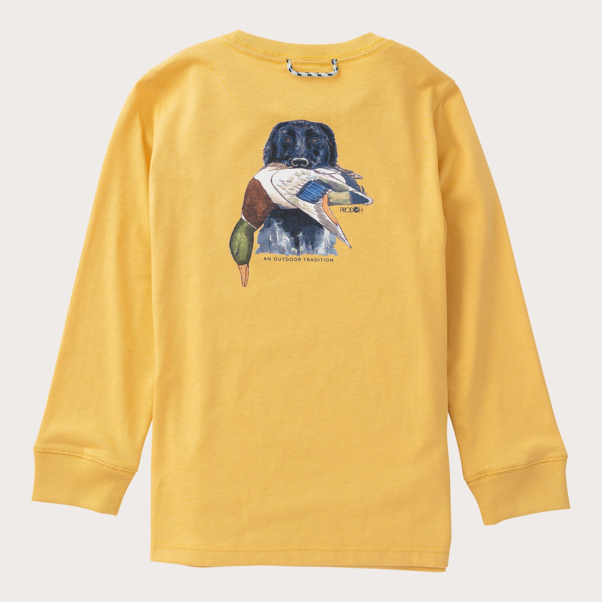 A yellow long-sleeve crewneck sweatshirt featuring a central graphic of a black Labrador retriever holding a duck in its mouth, with 'AN OUTDOOR TRADITION' printed below.