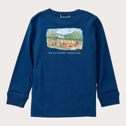 Boys' Long Sleeve Cotton T-shirt in Navy Peony Apple Picking Scene