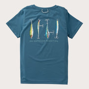 boys blue short-sleeve t-shirt with a graphic of four fishing lures and the text 'AN OUTDOOR TRADITION' on the front
