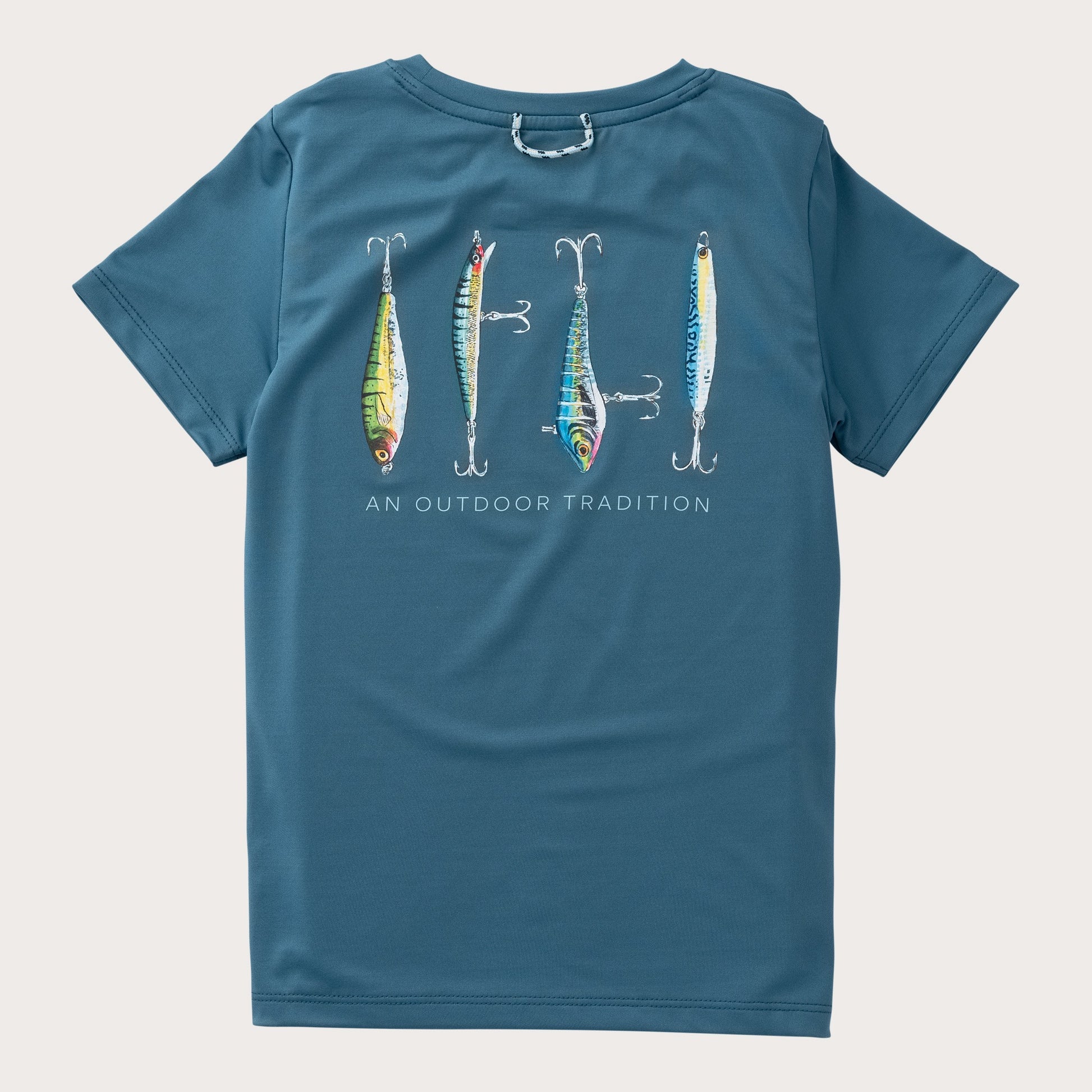 boys blue short-sleeve t-shirt with a graphic of four fishing lures and the text 'AN OUTDOOR TRADITION' on the front