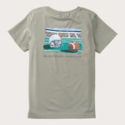 sage green kids' t-shirt with football-themed graphic of a ball, goal post and helmet