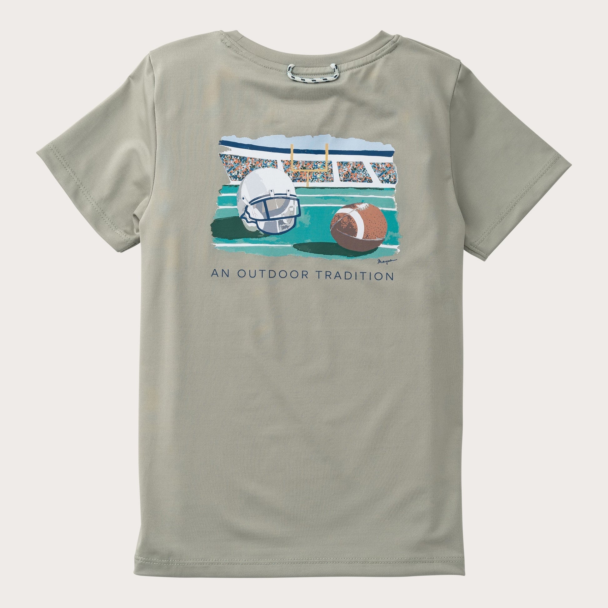 sage green kids' t-shirt with football-themed graphic of a ball, goal post and helmet