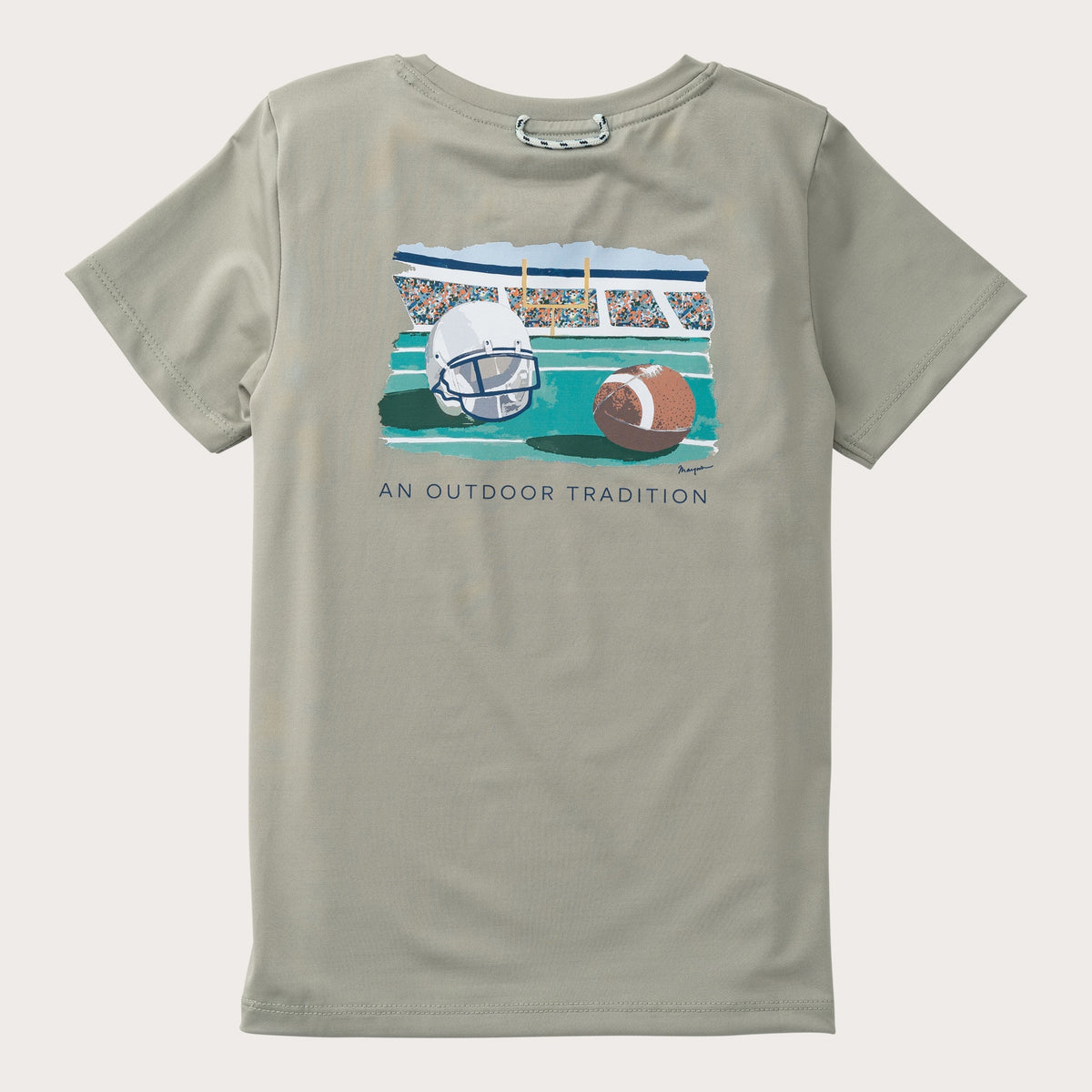 sage green kids' t-shirt with football-themed graphic of a ball, goal post and helmet