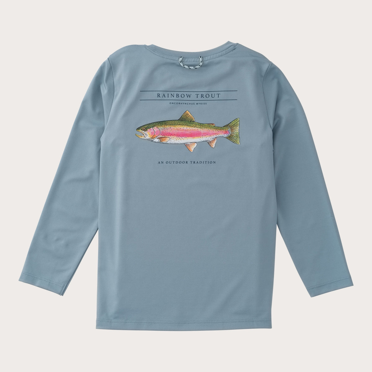 boys Blue long-sleeve performance t-shirt with a rainbow trout graphic on a light gray background
