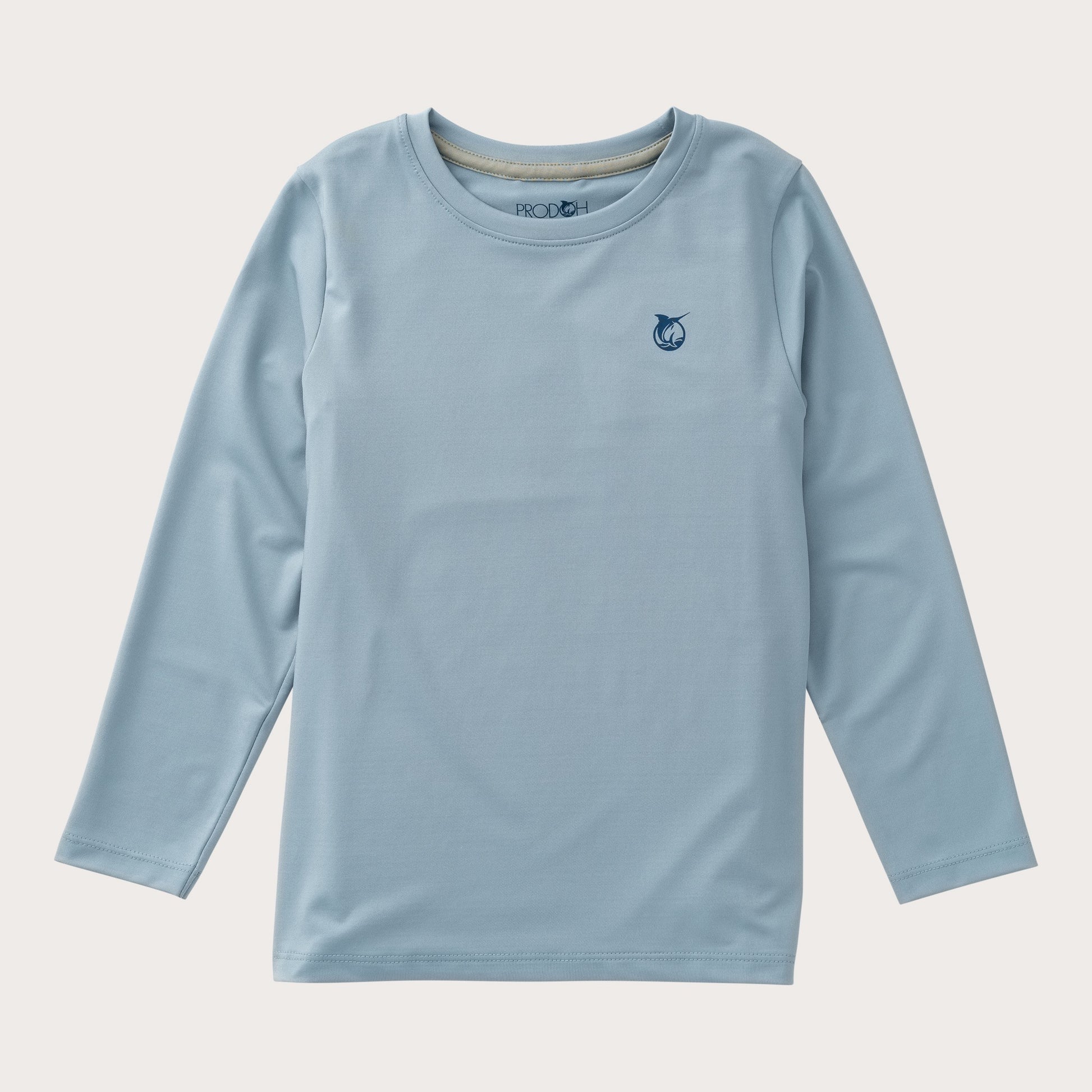front view boys light blue long-sleeve shirt with a small marlin fish logo on the left side.