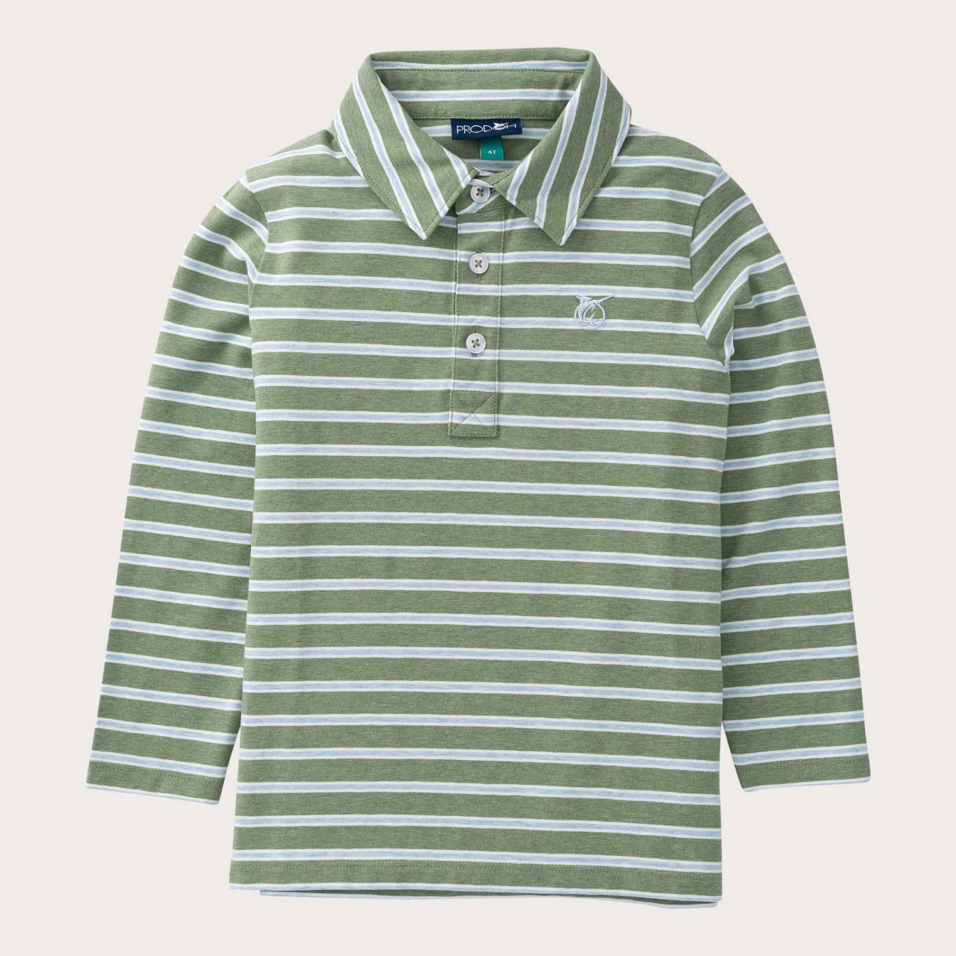 Boys' Long Sleeve Cotton Polo in Hedge Green and Cashmere Blue Stripe