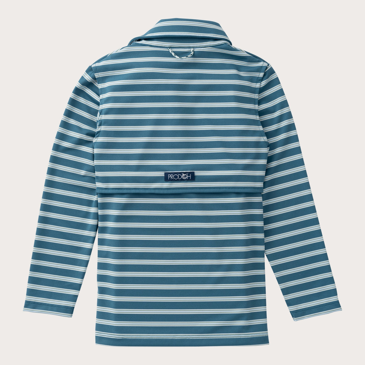 Blue and white striped shirt with a prodoh small logo on the back of the shirt.