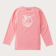girls pink long-sleeve shirt shown from the back, featuring a large white and pink marbled graphic of a fish inside a circular outline on the upper back.