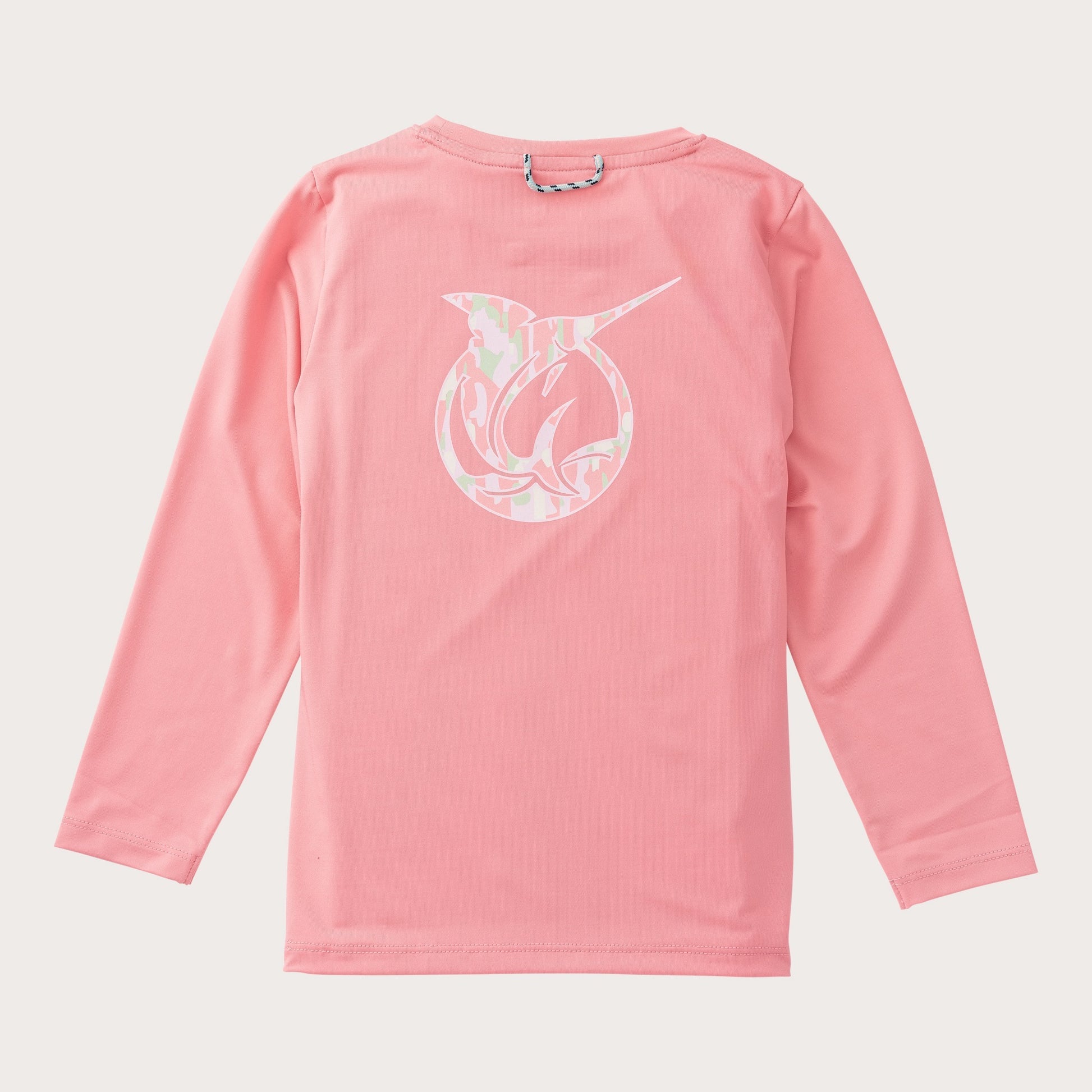 girls pink long-sleeve shirt shown from the back, featuring a large white and pink marbled graphic of a fish inside a circular outline on the upper back.