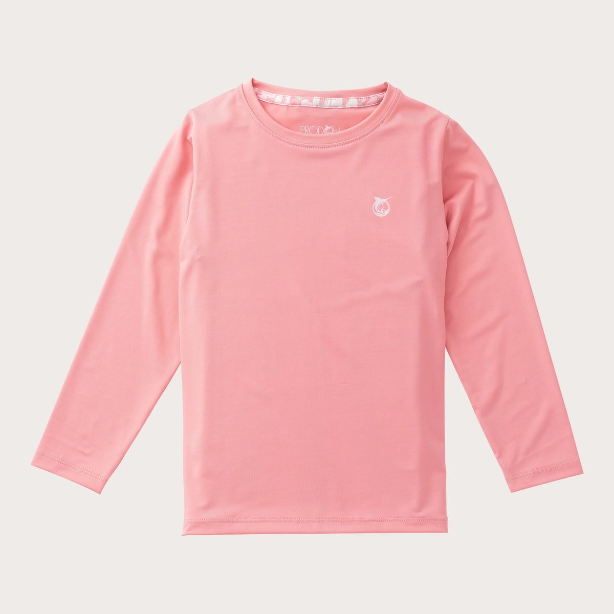 girls pink long-sleeve crewneck shirt with a small white fish logo on the left chest, displayed flat against a light beige background.