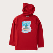 Red hooded performance t-shirt with a Christmas tree in a canoe graphic on a white background
