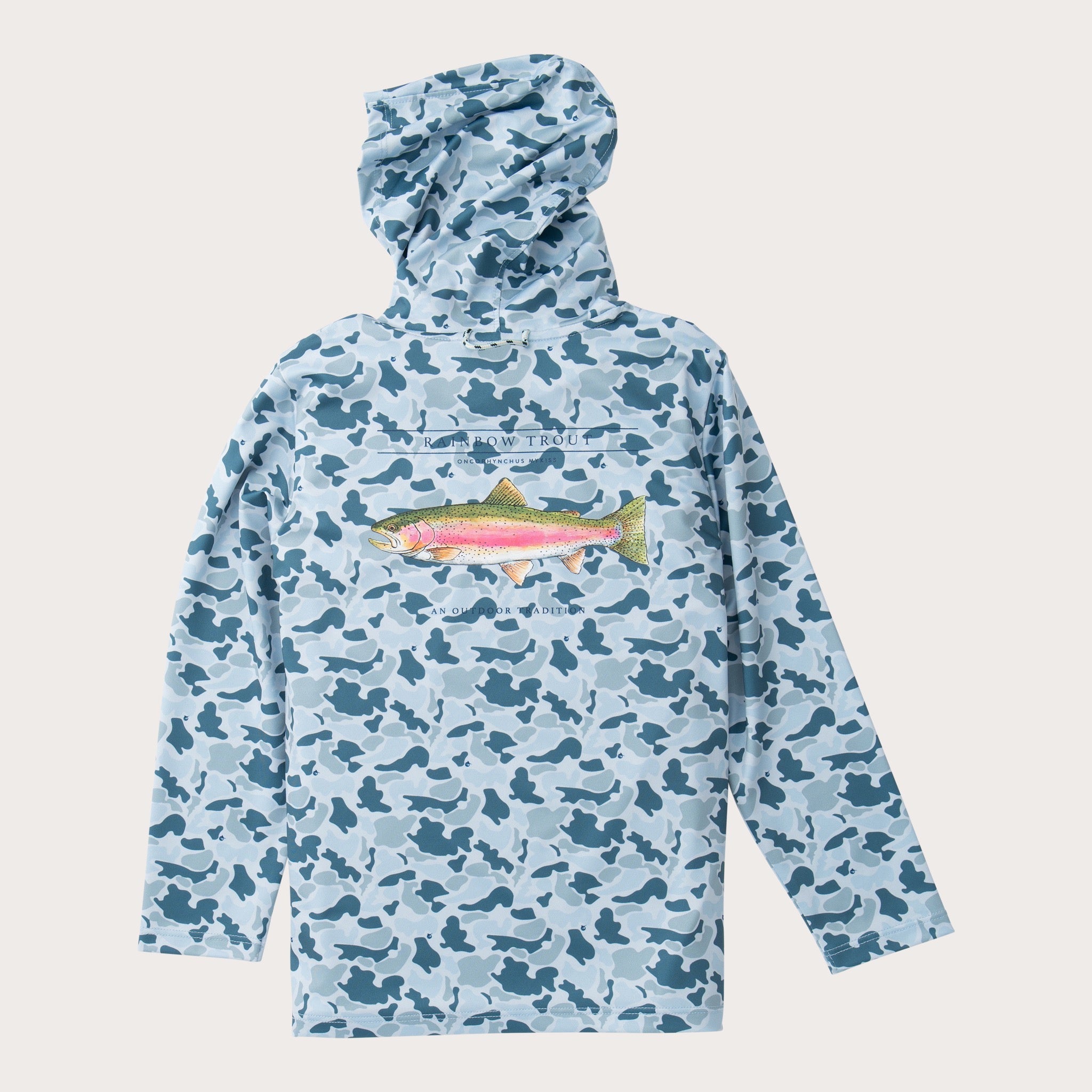 boys blue camouflage hoodie with a rainbow trout graphic