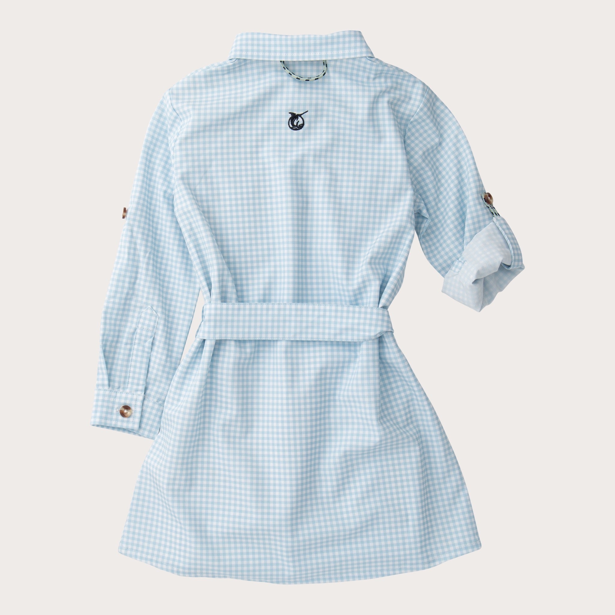 Girls' Long Sleeve Belted Shirt Dress in Clear Sky Blue Gingham