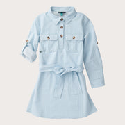 Girls' Long Sleeve Belted Shirt Dress in Clear Sky Blue Gingham