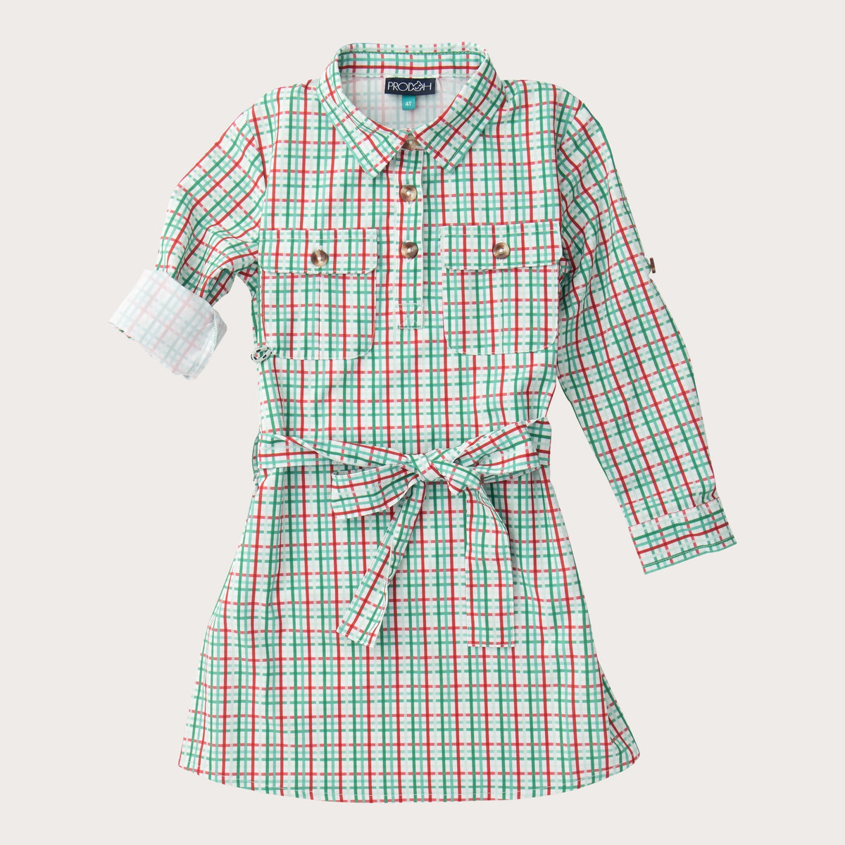 Girls' Long Sleeve Belted Shirt Dress in Holiday Plaid