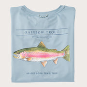 Men's blue long-sleeve t-shirt featuring a watercolor-style rainbow trout graphic with the text 'RAINBOW TROUT' and 'AN OUTDOOR TRADITION'