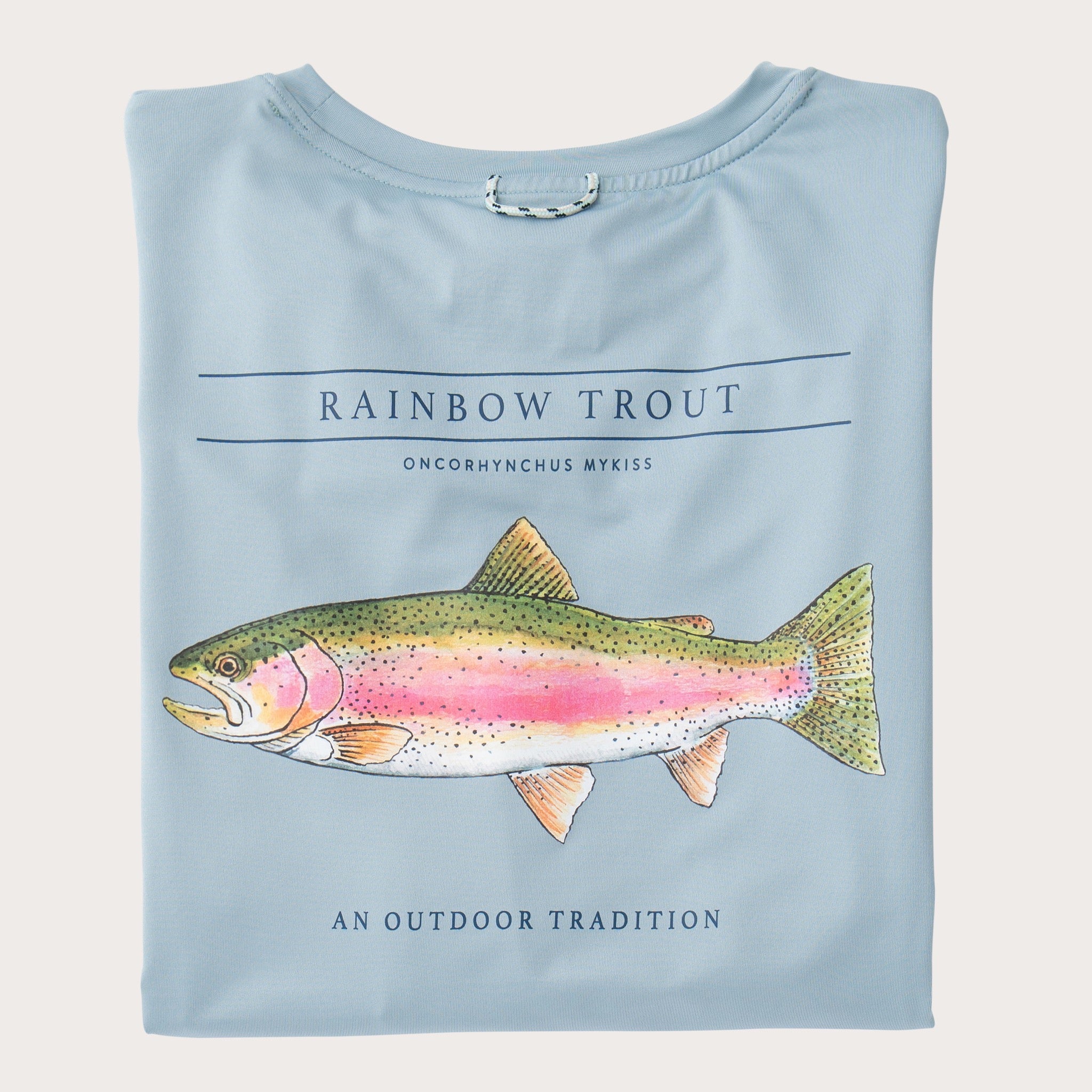 Men's blue long-sleeve t-shirt featuring a watercolor-style rainbow trout graphic with the text 'RAINBOW TROUT' and 'AN OUTDOOR TRADITION'