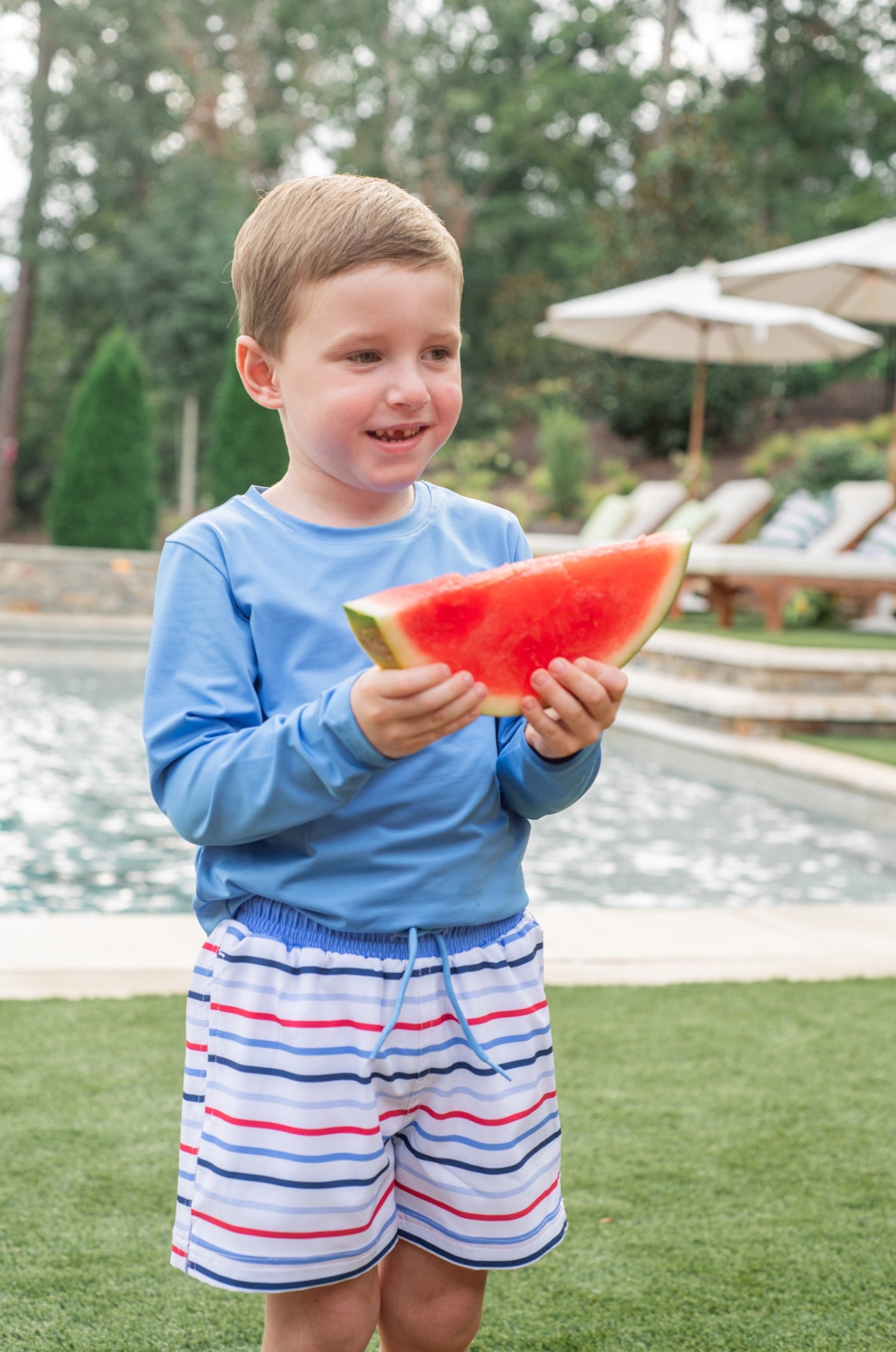 boys red white and blue striped swim trunks