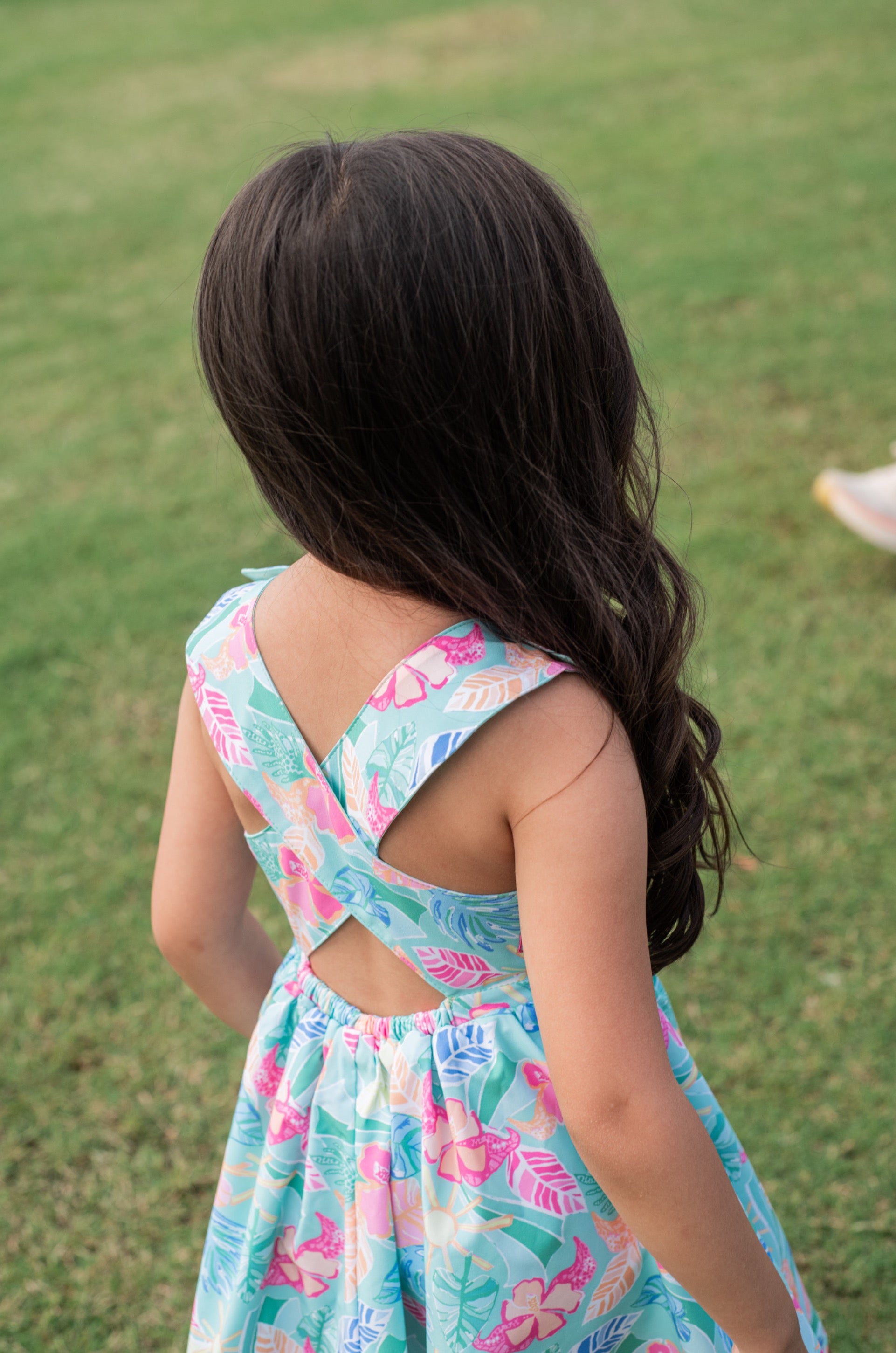 young girls lighweight woven tropical Palm Paradise Print dress