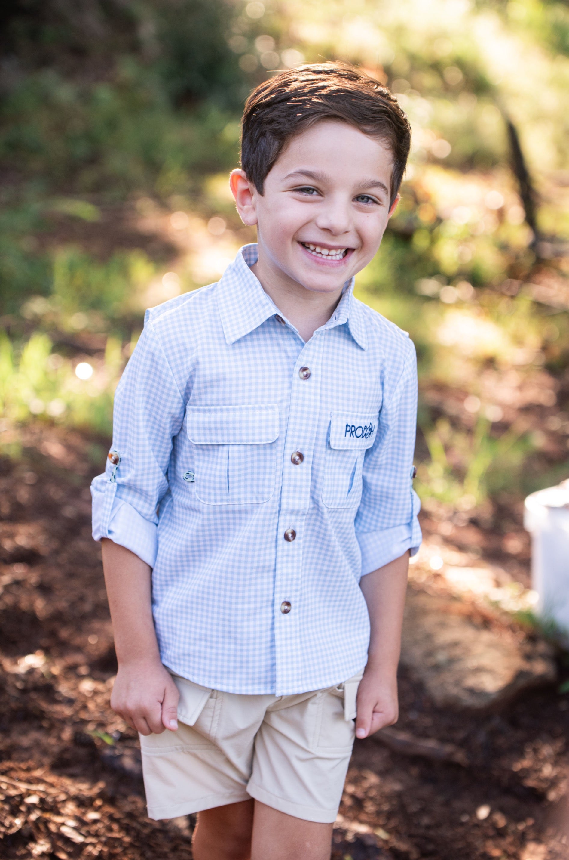 Close up of Long Sleeve Founders Kids Fishing Shirt in blue Clear Sky Gingham
