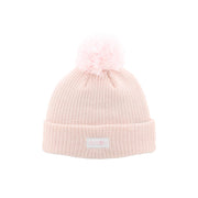 girls' pink beanie with pom-pom on a white background
