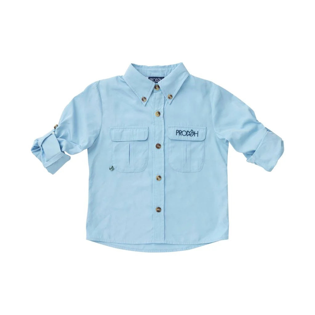 Light blue button-up shirt with a prodoh logo on a white background